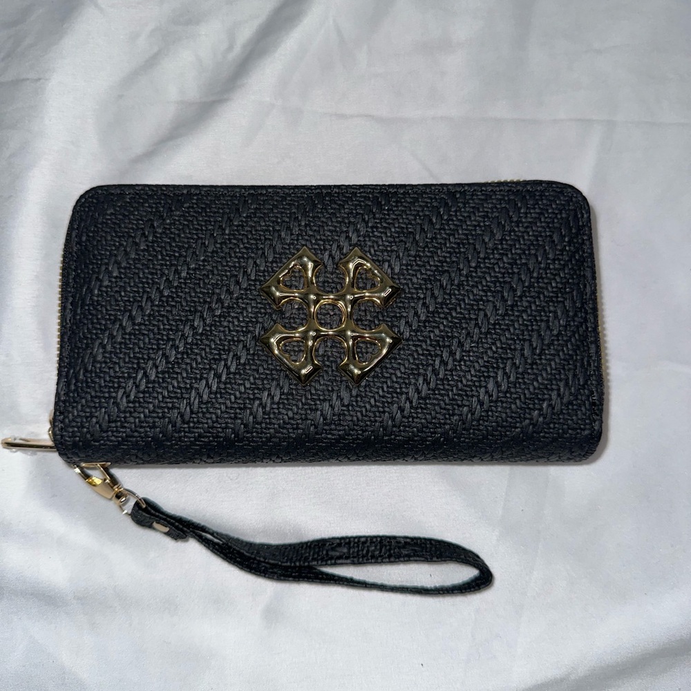 Black and Gold Quilted Clutch with Wrist Strap